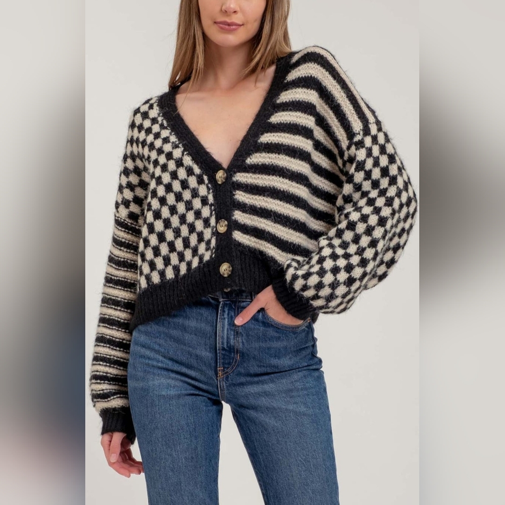 NWT Blu Pepper Stripe Check Balloon Sleeve Cardigan - Size L